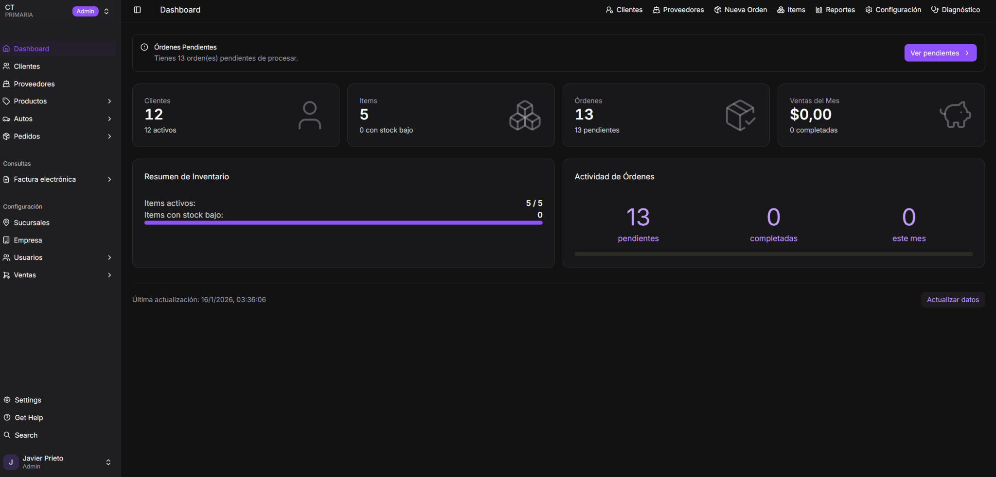 Panel real de DARPA ERP para gestión administrativa y comercial